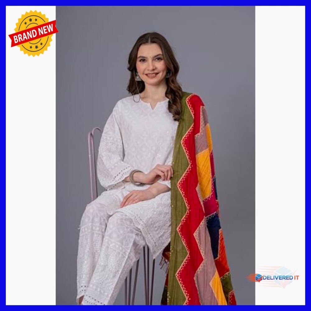 Hand Embroidered Cotton Kurta Set with Pant Dupatta Traditional Indian Tunic - Picture 4 of 7